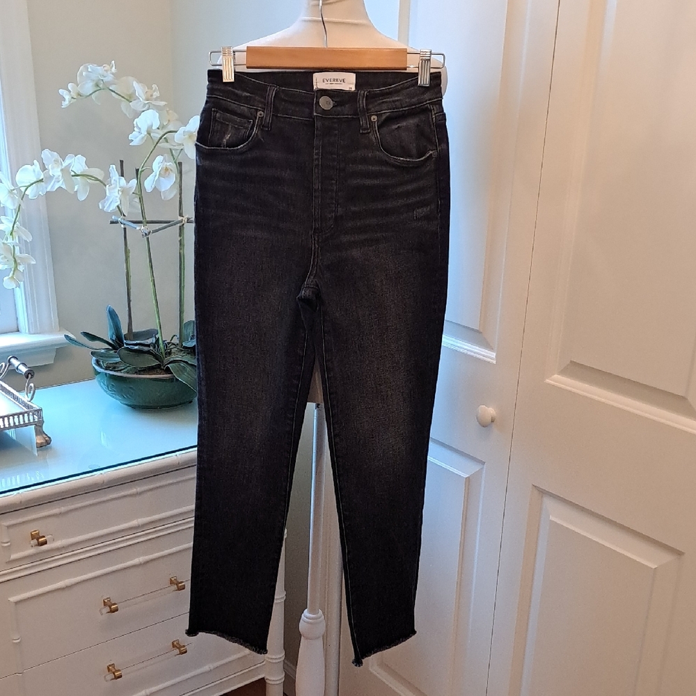 Evereve‎ Womens The Ever Straight Black Distressed Wash Stretch Ankle Jeans S-26